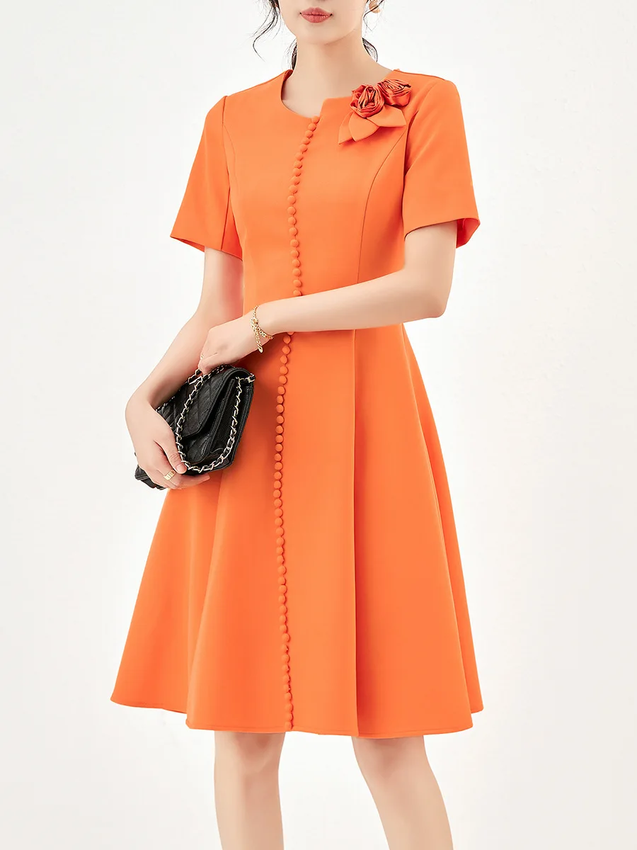 

ZJYT Elegant 3D Floral Green Party Dresses for Women Summer 2023 Designer Buttons Short Sleeve Aline Casual Vestidos Office Lady