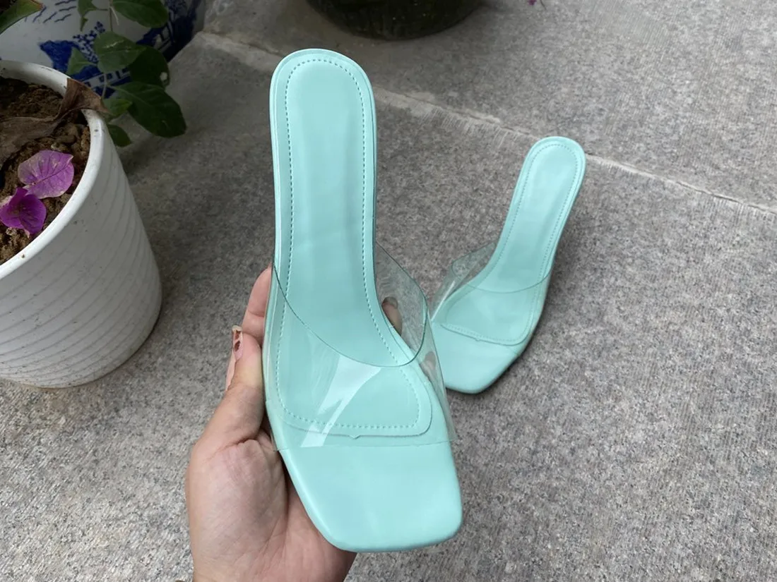 Slippers Women's Summer Transparent Crystal Heel  New Fashion Wine Glass Heel Square Toe Fashion Sandals Large Size Candy Color