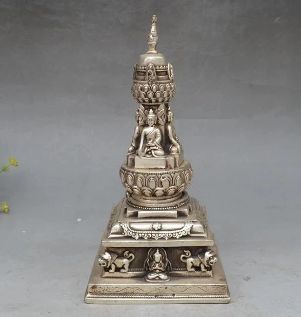 

China collection archaize white copper Tibetan Buddhism pagoda statue