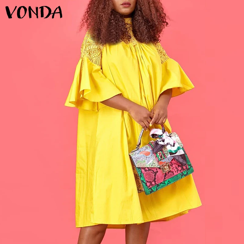 

Summer Dress 2022 VONDA Casual Round Neck Dresses Vintage Flare Sleeve Solid Vestidos Femininas Short A-Lined Sundress Oversized