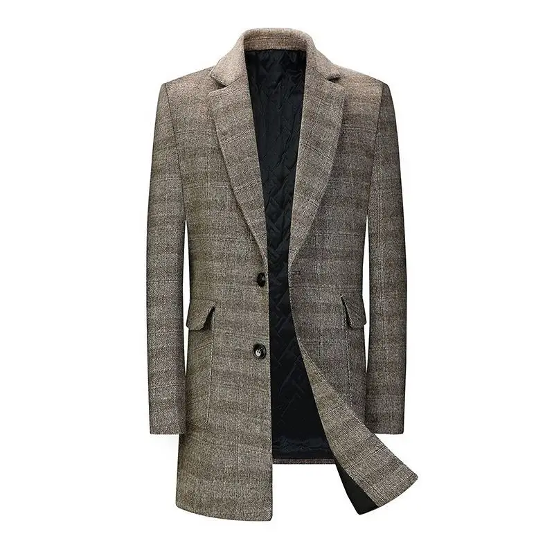 

2023 Autumn and Winter New Men's Woolen Coat Mid-length European Plus Size Korean Version Slim Plaid Plus Velvet Thick Coat Coat