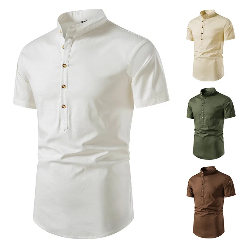 

Summer New Men's Solid Color Short-sleeved Shirt Linen Button Beach Yoga Stand-up Collar Shirt Men's Slim Casual Men's Shirt