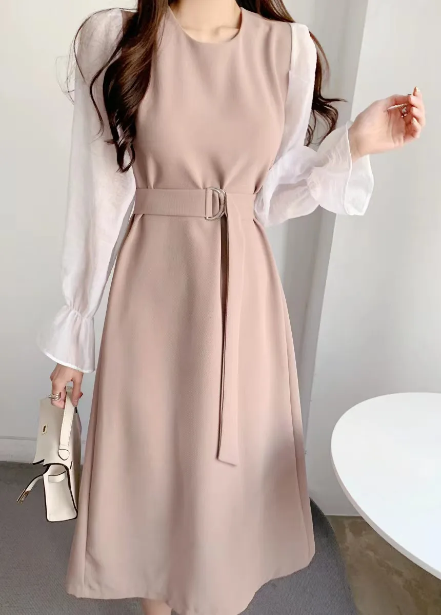 

Autumn Fashion Patchwork Flare Sleeve Dress O-Neck Knee-Length Belt Skirt Casual Comfortable Spring Women's Elegant Wear Dresses