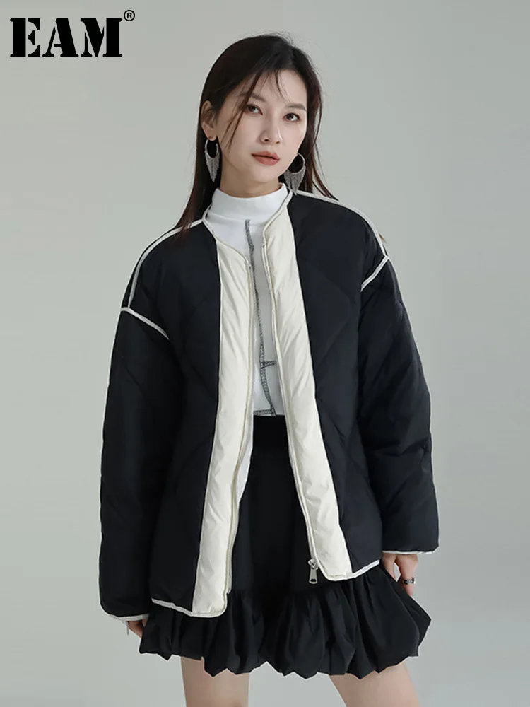 

[EAM] Loose Fit Black Color-block Big Size Down Jacket New Long Sleeve Warm Women Parkas Fashion Tide Autumn Winter 2023 1DF4068