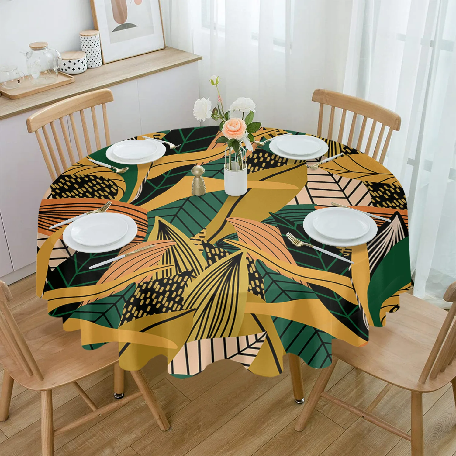 

Leaves Lines Hand-painted Polka Dots Waterproof Tablecloth Table Decoration Wedding Home Kitchen Dining Room Round Table Cover