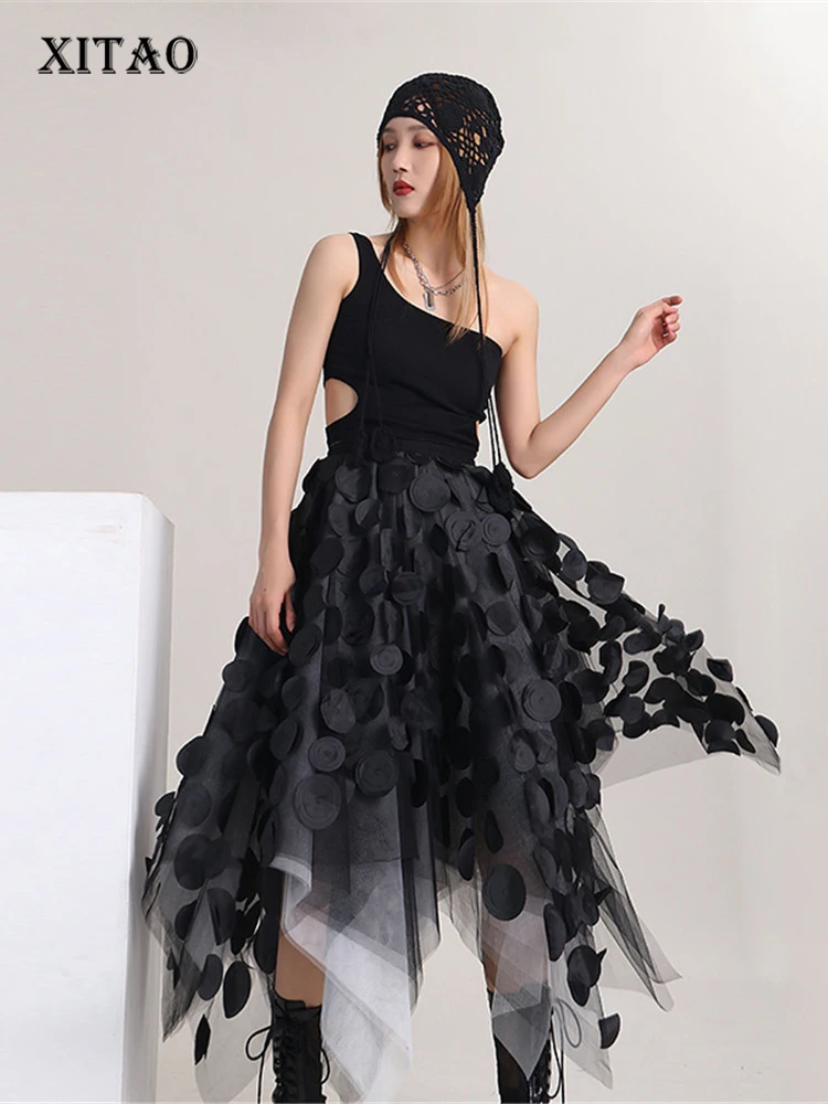 

XITAO Irregular High Waist Skirt Fashion Mesh Black Small Fresh 2022 Summer Minority Loose Elegant Pleated Skirt WMD6307