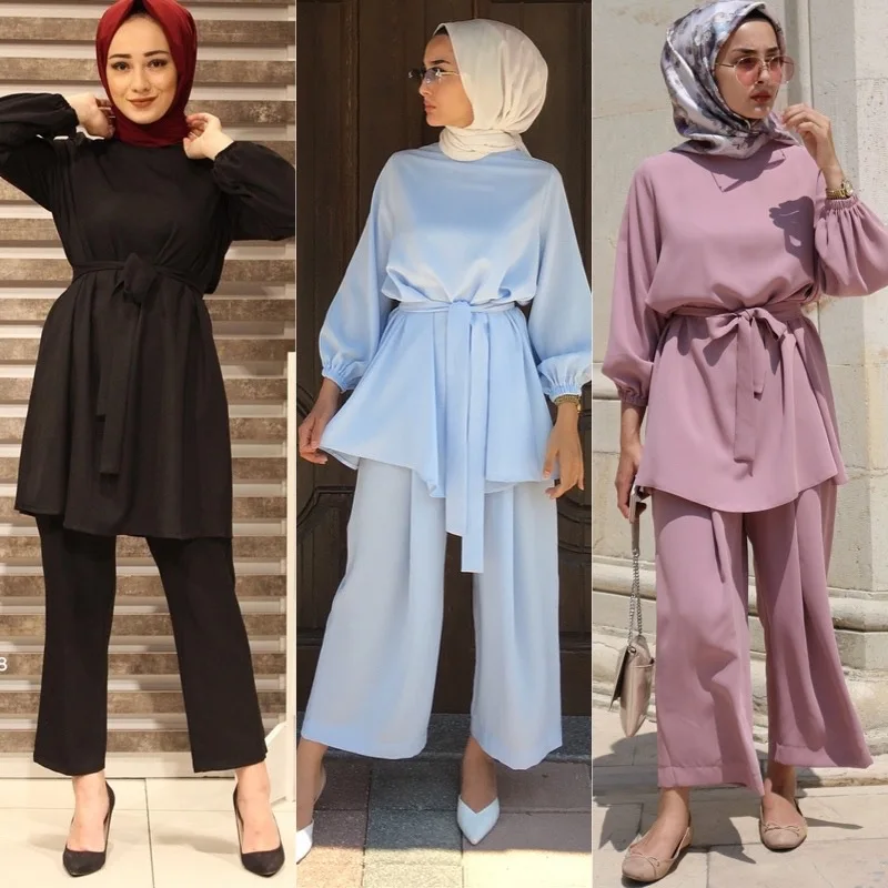 

2023 A Tunic Women's Combination Muslim Trousers Set Season Pearl Crepe Premium Fabric Elastic Waist Pants Turkey Seven Colors