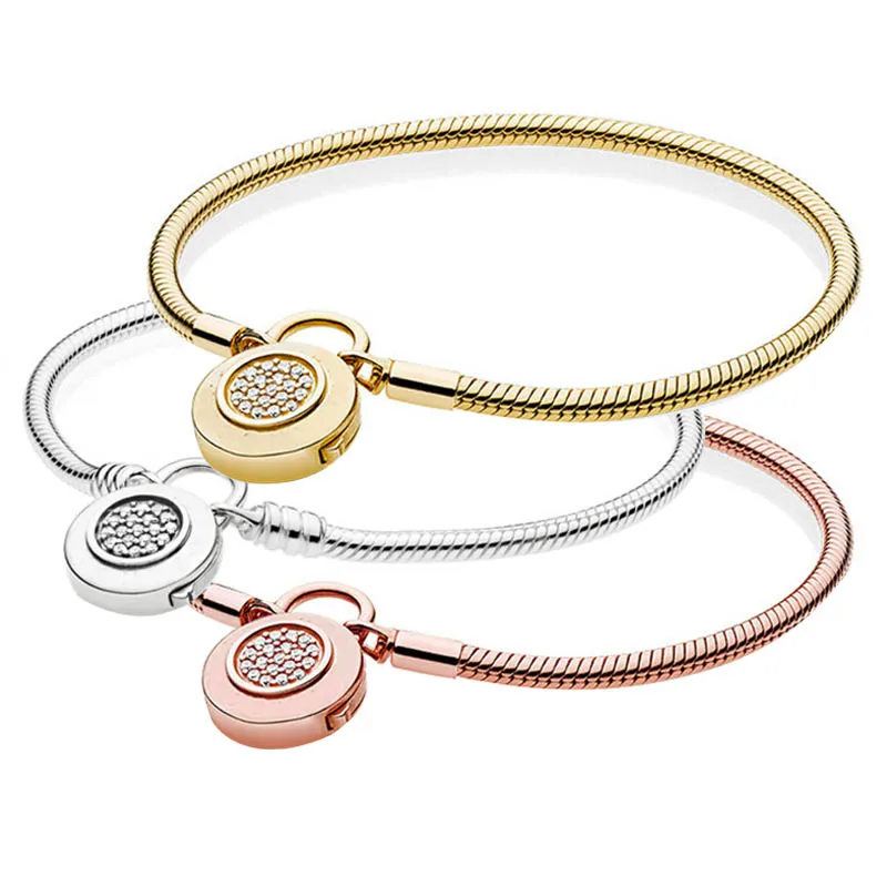 

Rose Gold Silver Logo Signature Padlock Moments Snake 925 Sterling Silver Bracelet Fit Fashion Bangle Bead Charm Diy Jewelry