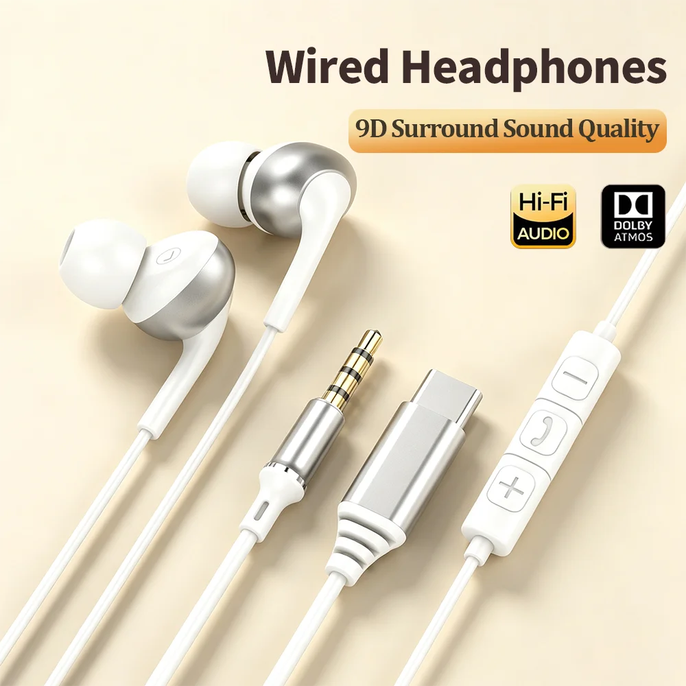 Фото Проводные наушники USB Type-C HiFi с глубокими басами, стерео, внутриканальные, с HD-микрофоном и проводным управлением для Samsung Galaxy S25, iPhone 17, 16 №1