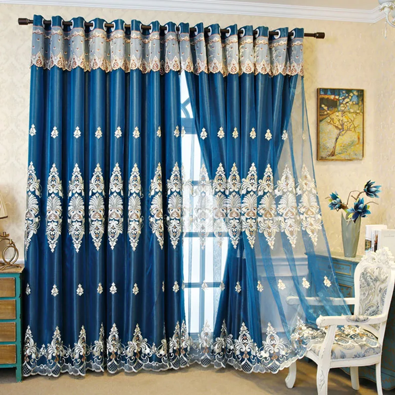 Blue and Yellow European Embroidered Floral Blackout Decorative Curtain Sets for Living Room Bedroom