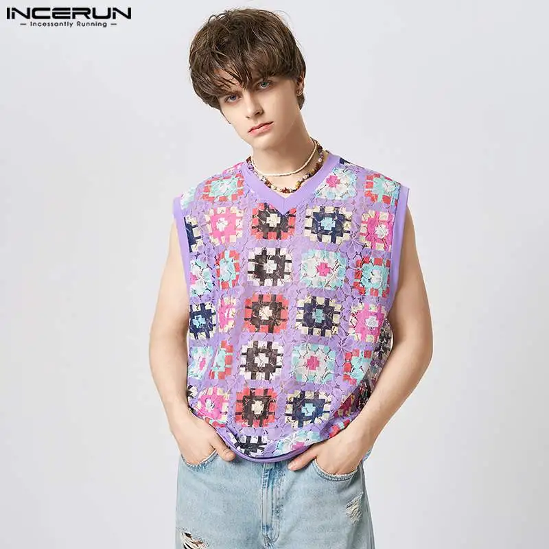 

INCERUN Men Tank Tops V Neck Sleeveless Lace See Through Printing Streetwear Sexy Vests 2023 Summer Vacation Casual Men Clothing