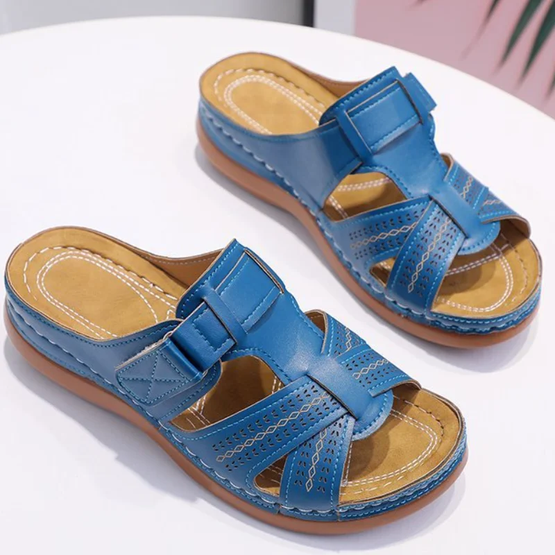 

2022 Summer Women Wedge Sandals Premium Orthopedic Open Toe Sandals Vintage Anti-slip Leather Casual Female Platform Retro Shoes