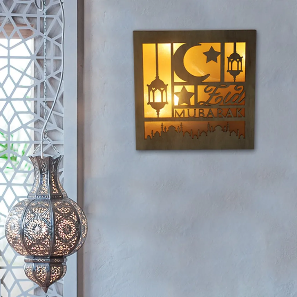 

Room Statue Wooden Ramadan Eid Decorations for Home Moon LED Candles Silk Ornament Balls Christmas Ball Garland Shatterproof