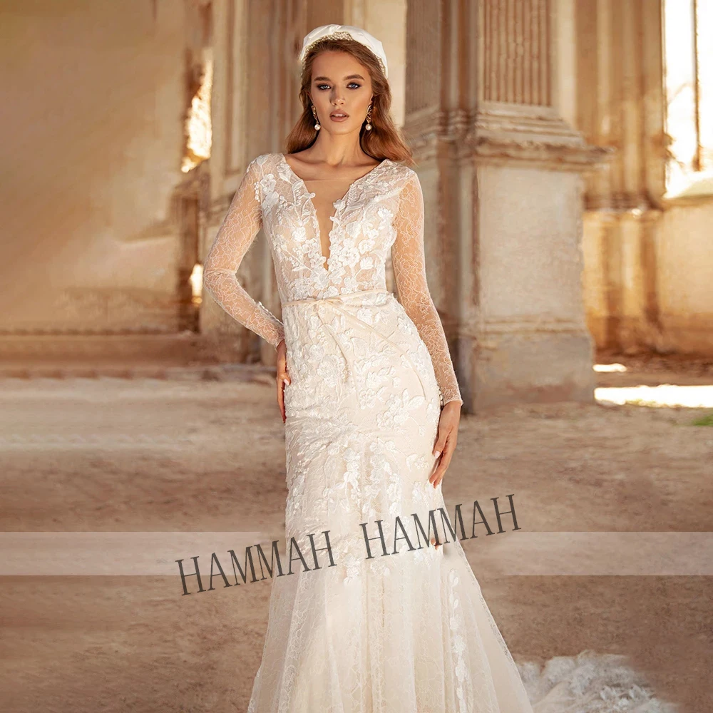 

HAMMAH Sexy 2022 Wedding Gown For Bride V-Neck Court Train Long Sleeve Button Mermaid Appliques Robe De Soirée De Mariage