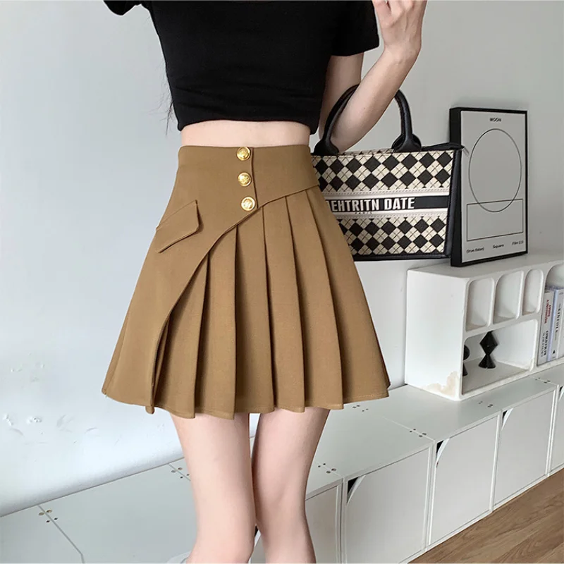 

Sweet A-line Pleated Skirt Women Korean Fashion Spring High Waist Mini Skirt Female Single Breasted Irregular Faldas Mujer