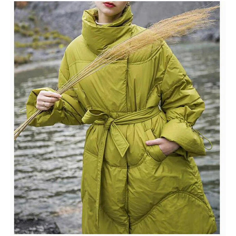 

Design Sense Green Pink Jacket With Belt Loose Casual Mid-length Goose Down Winter Down Jacket Women