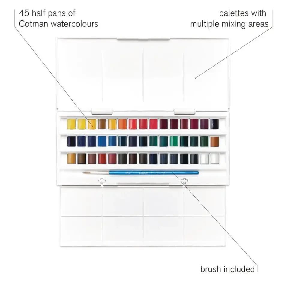 Набор акварельных красок Winsor & Newton Cotman, студийный набор 45, полукастрюли с кистью для рисования, палитра художников, портативные принадлежности для рисования (art.: 3920c9ecd320b) - 3920c9ecd320b