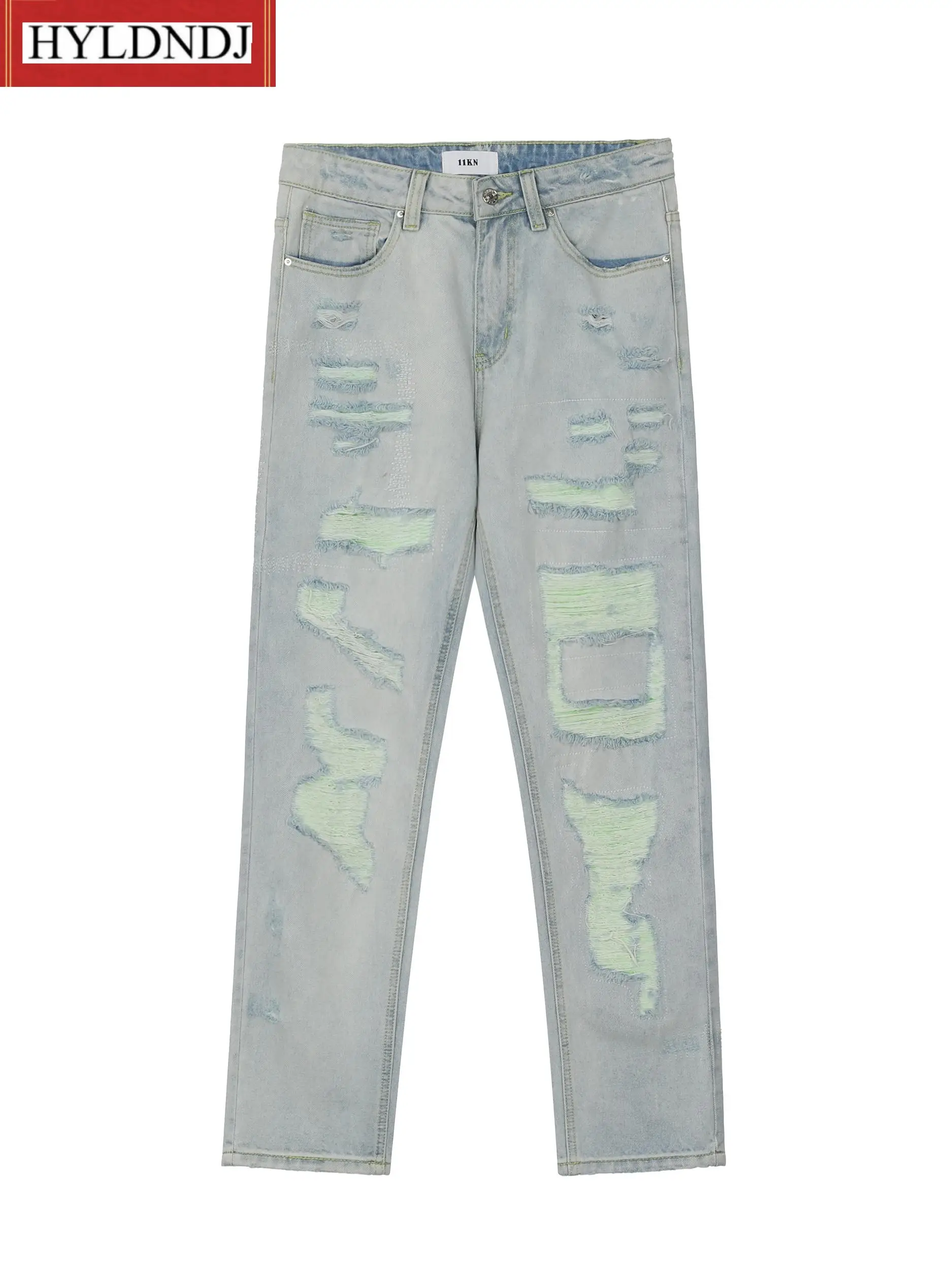 Men's New Fashion Handsome Fried Street Slim Pants European and American Fashion Brand Street Hole Light Color Jeans