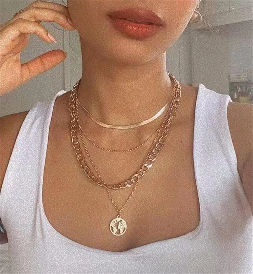 

Creative hollowed out map Pendant Necklace personality thick chain multilayer snake bone chain clavicle chain