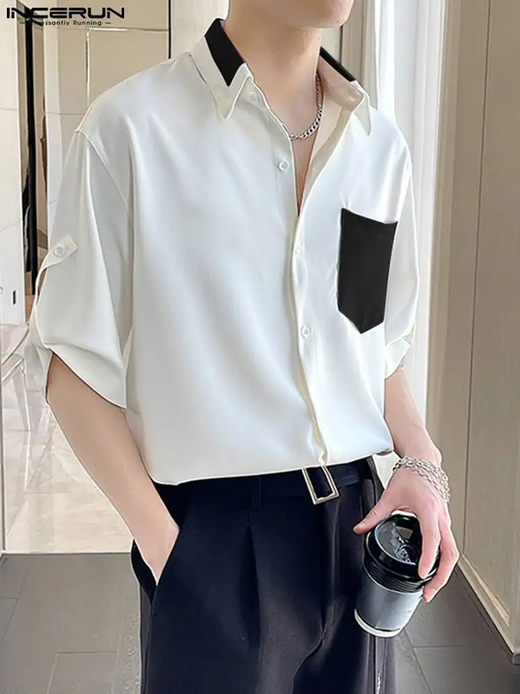 

Men Shirt Patchwork Lapel Half Sleeve Button Pockets Summer Casual Men Clothing 2022 Loose Korean Fashion Shirts S-5XL INCERUN