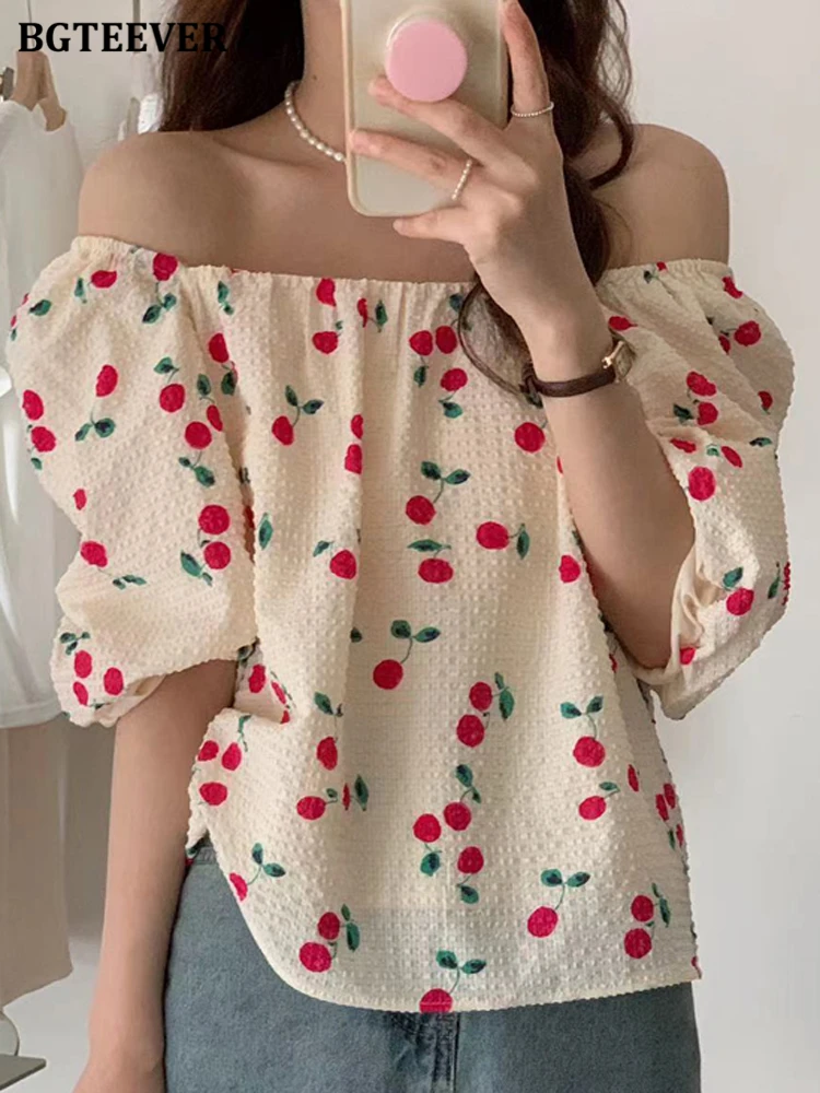 

BGTEEVER Summer Chic Ladies Cherry Printed Blouses Shirts Casual Slash Neck Puff Sleeve Loose Women Pullovers Shirts