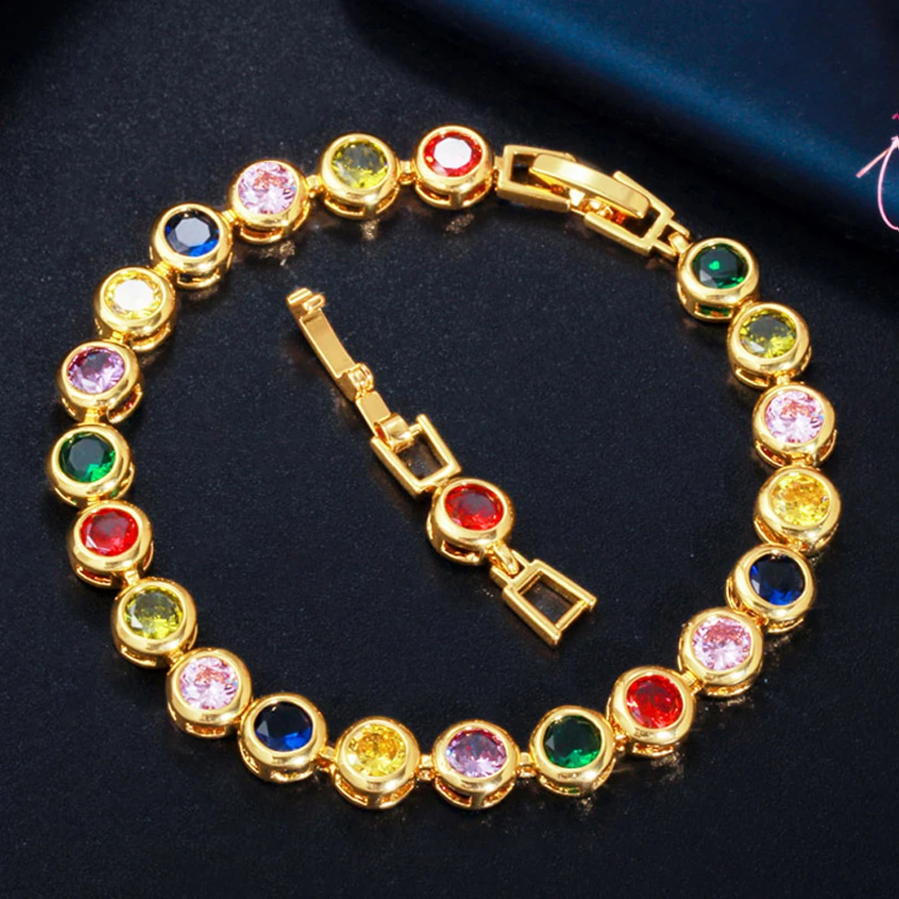 

ThreeGraces New Trendy Multicolor Cubic Zirconia Gold Color Link Chain Bracelet for Women Fashion Dancing Party Jewelry BR210
