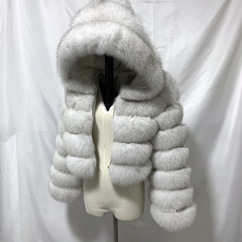 Real Fox Fur Crop Coat With Hood Women Natural Fur Hoodie Jacket With Zipper Winter Warm Thicken Temperament Outwears For Women