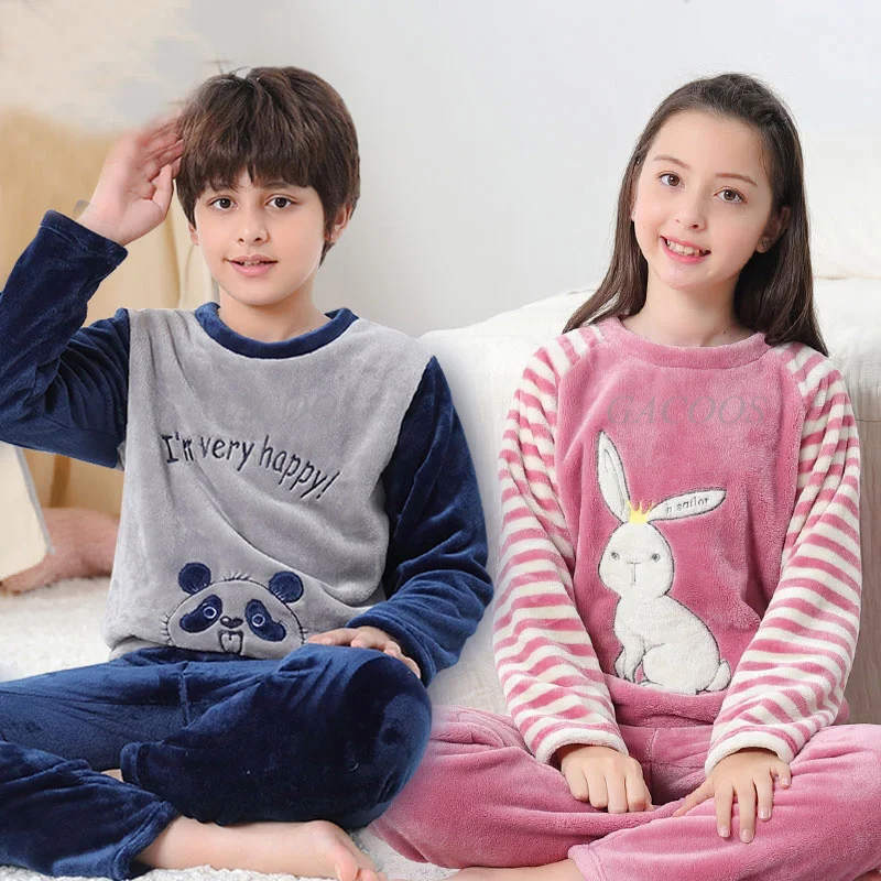 

New Coral Fleece Kids Pijamas Homewear Boys Girls Winter Children Fleece Pajamas Warm Flannel Sleepwear Loungewear Teens Clothes