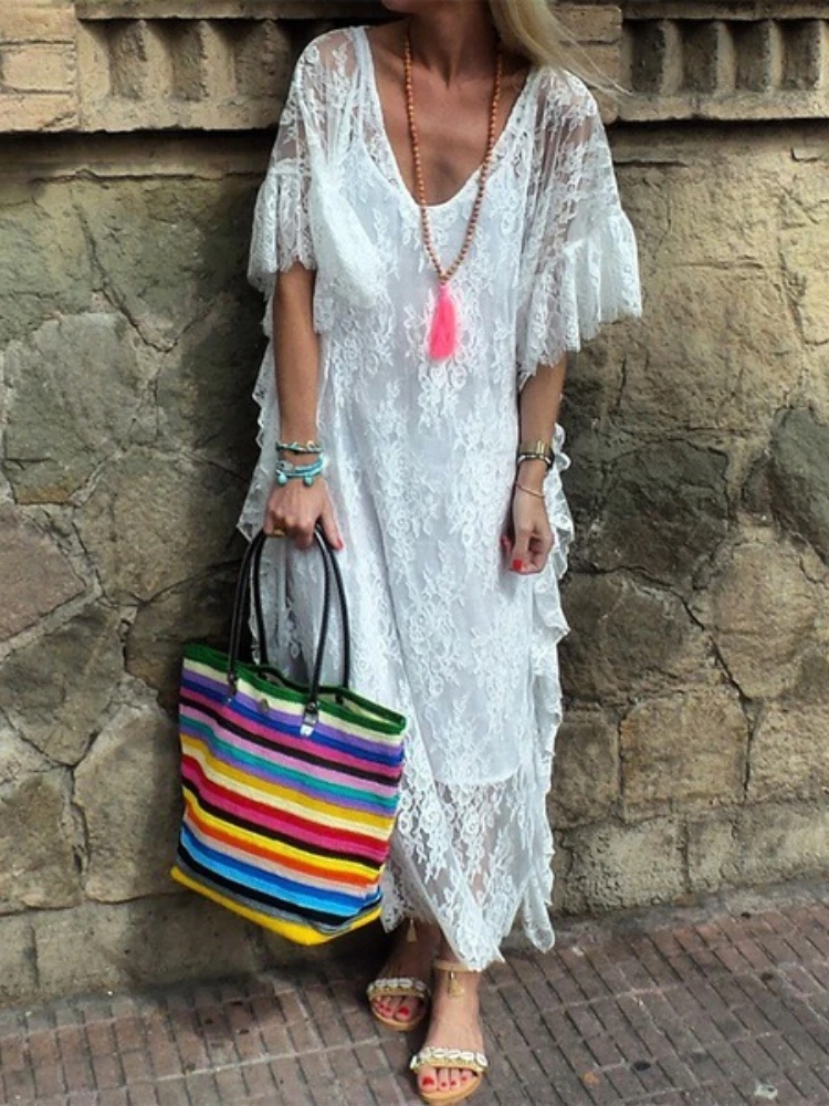 

Женское длинное кружевное пляжное платье, белое повседневное свободное платье в стиле пэчворк с расклешенным рукавом и V-образным вырезом, ...