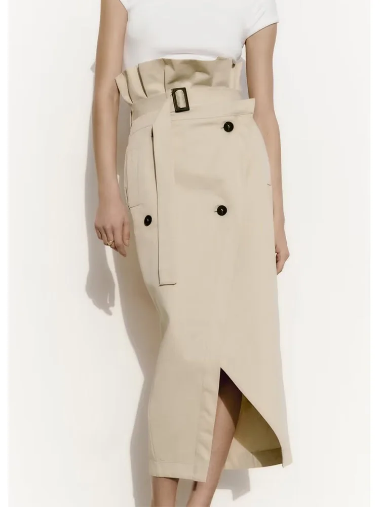 

Женская юбка с поясом на пуговицах Kumsvag, однотонная Асимметричная юбка до середины икры с высокой талией, лето 2023