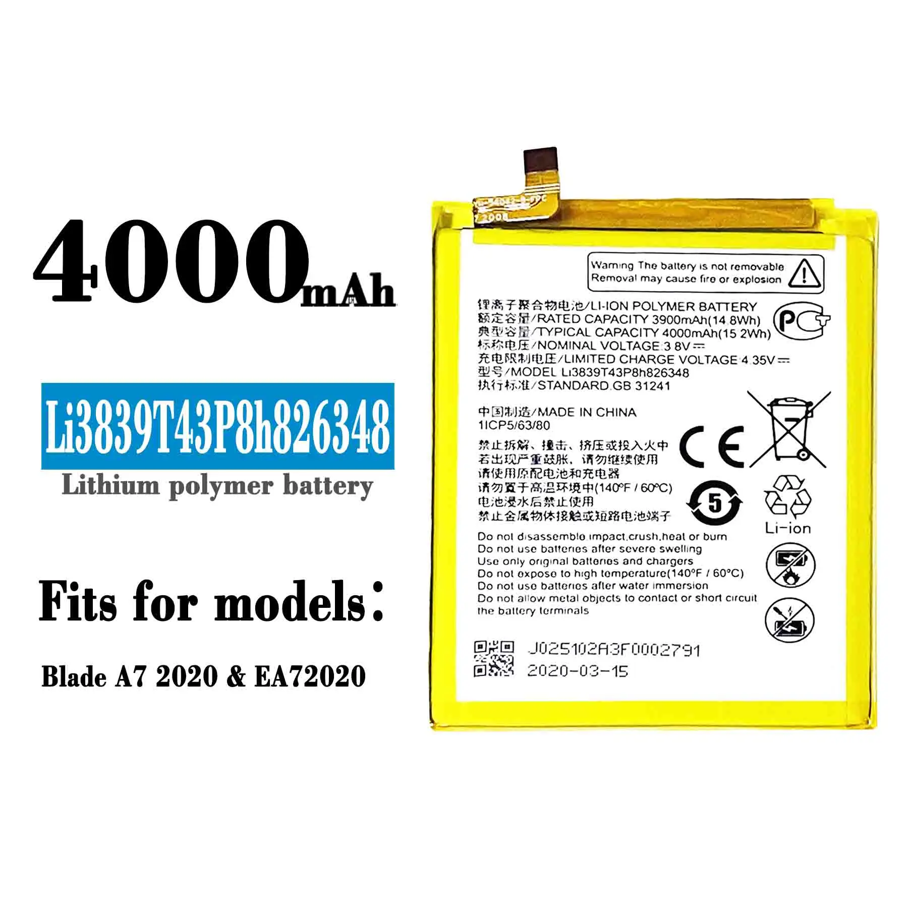 NEW Original Li3839t43p8h826348 4000mAh Battery For ZTE Blade A7S A7 2020 Phone In Stock High Quality Battery