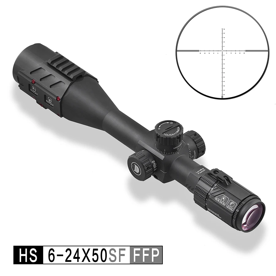 

Ультракороткий прицел Discovery Optics HS 6-24X50SF FFP, длина 377 мм, Длина 14,84 мм, регулировка 1/10 мил, 1 см, для охоты