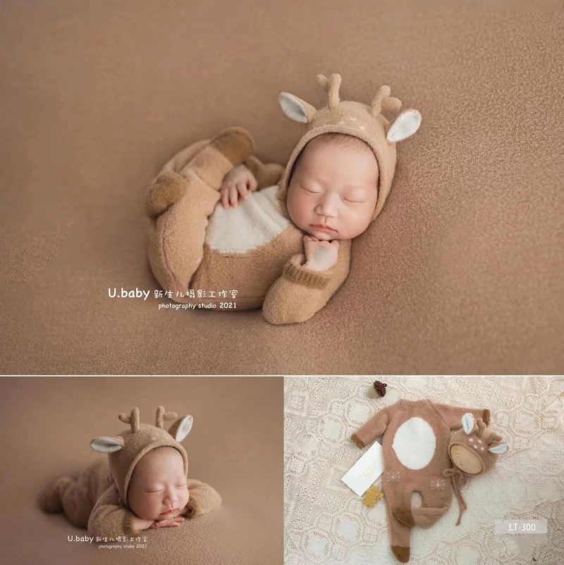 Dvotinst Newborn Baby Photography Props Christmas Deer Outfits Hat Mink Furry Knitted Romper Set Studio Shooting Photo Props