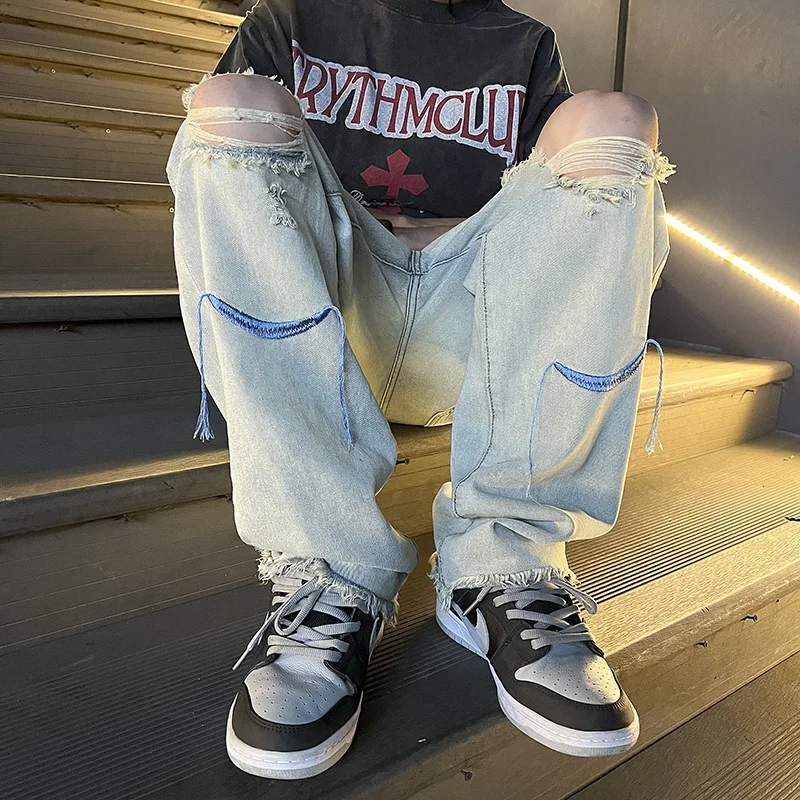Baggy Ripped Jeans Men Fashion Retro Casual Straight Jeans Men Japanese Streetwear Hip-hop Loose Hole Denim Pants Mens Trousers