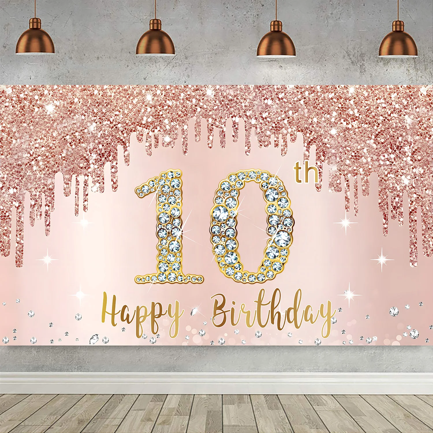 

Фон для вечевечерние с 10-летним днем рождения, баннер на стол, 10 лет, декоративная будка, розовый, розовое золото, капающий, Алмазный фон для д...