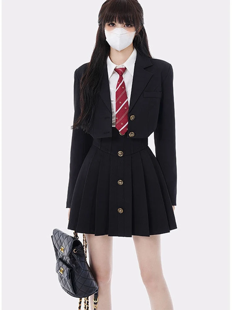 

New Summer Girl 3 Piece Pleated Skirt Suit Streetwear College Harajuku A Line Skirt+Jacket+ Blouse High Waist Pleated Skirt