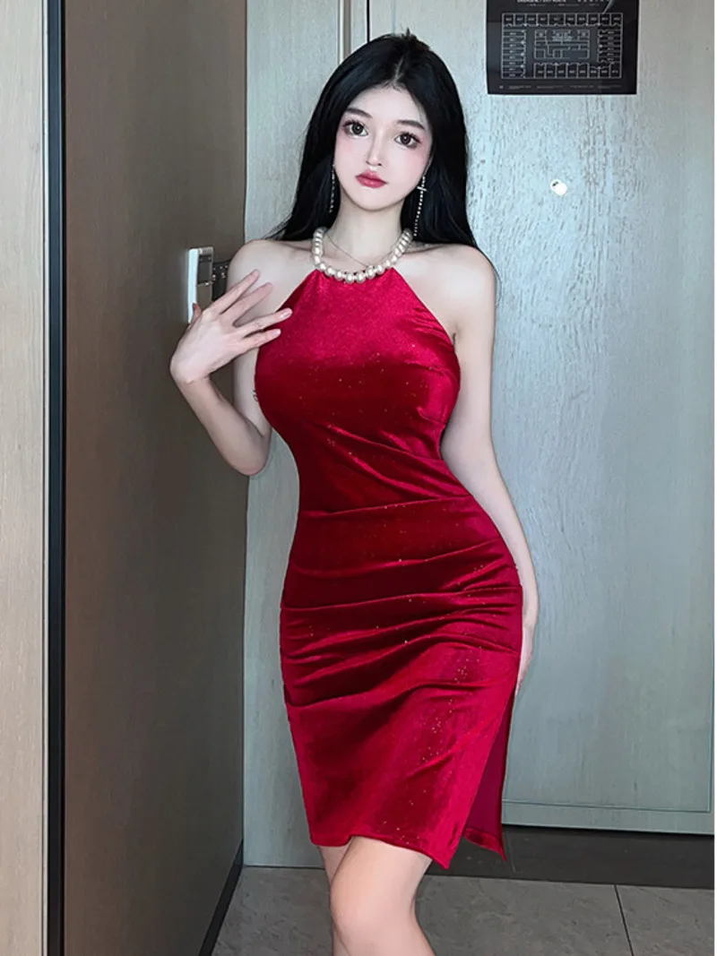 

2023 Spring/Summer Women's Sexy Velvet Neck Hanging Pin Beads Solid Slim Split Fashion Temperament Wrap Hip Dress Women LJJ6