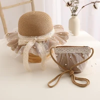 2022 summer girl sweet sun caps straw hat bag baby weave lace messenger pocket cute backpack sandy beach coin purse headgear