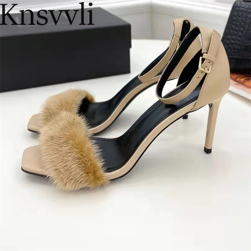 

Mink Hair High Heels Sandals Woman Suede Leather Ankle Buckle Strap Summer Shoes Women Stiletto Runway Sandals For Women