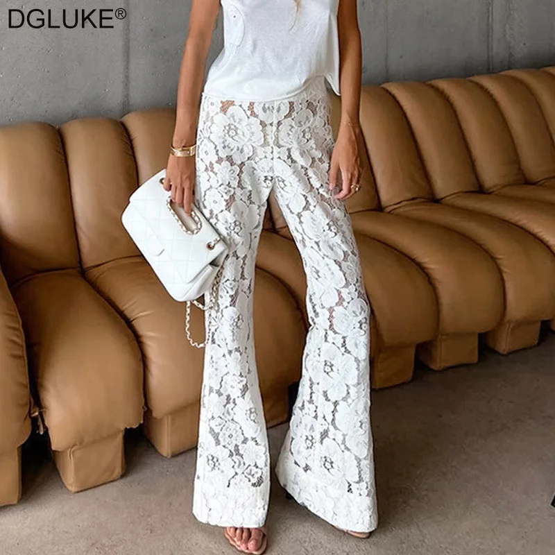 DGLUKE белые кружевные брюки для женщин сексуальные прозрачные расклешенные модные