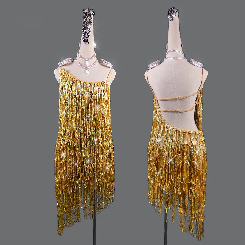 

New Latin Dance Skirt Competition Skirt Pole Dress Performance Skirt Adult Custom Children's Gold Sequin Tassel Skirt