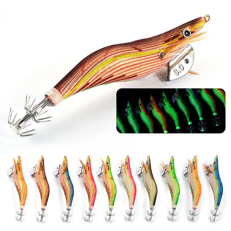 

3g Sea Fishing Lure Wood Shrimp Luminous Jigging for Octopus Cuttlefish Hard Baits 3D Eyes Jigs Squid Hook Fishing Tackle