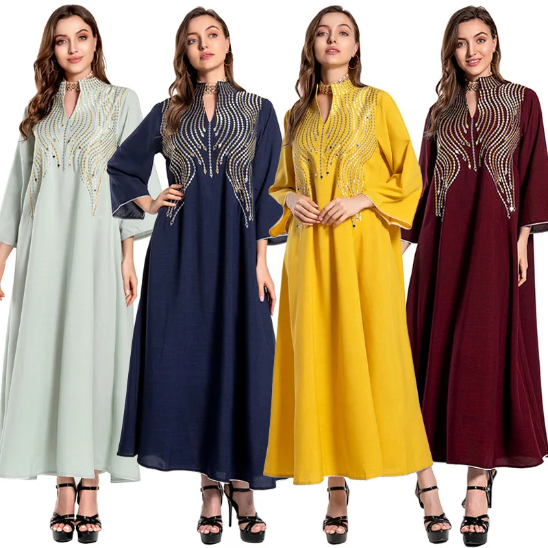 Women Pleated Muslim Dress Autumn Full Sleeve O-Neck Solid Color Sundress Casual Loose Elegant Robe Turkey Abaya Vestido
