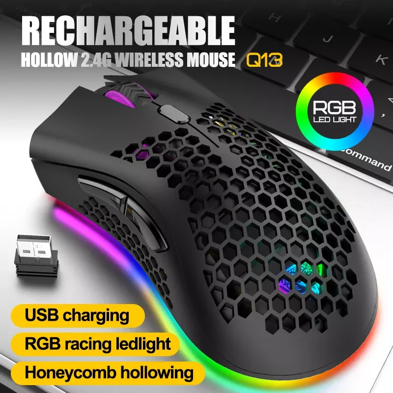 

2.4GHz Wireless Gaming Mouse 1600 DPI Adjustable RGB Backlit Rechargeable Mouse Lightweight Honeycomb Shell Gamer Mice