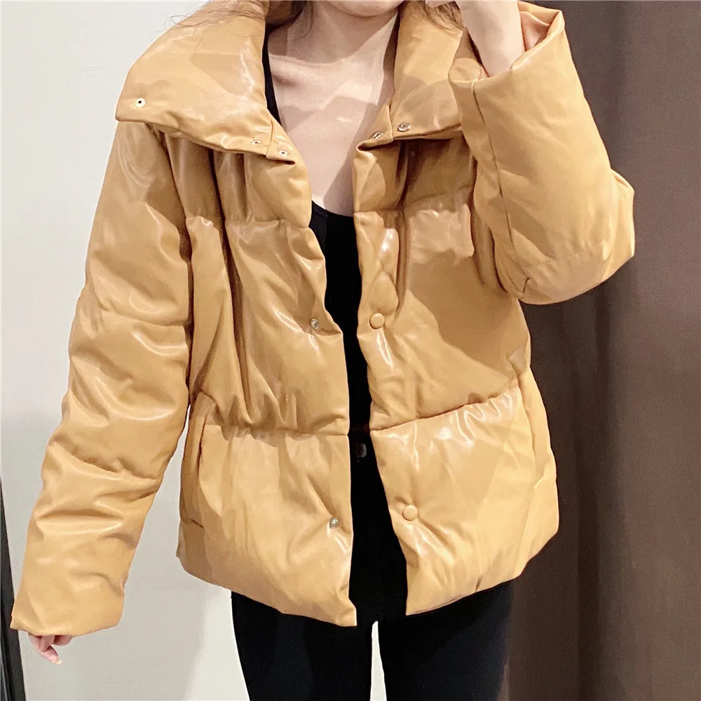 Faux Leather Leather Parka Coat Big Lapel Short Bread Coat Fashion PU Leather Coat Women's Elegant Cotton Coat Streetwear Korean