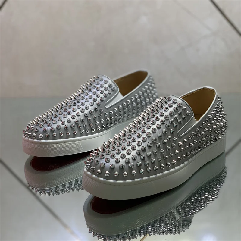 

Top Luxury Low Cut Heels Silver Full Rivet Genuine Leather Red Bottom Shoes For Men Casual Flats Loafers Women Spikes Sneakers