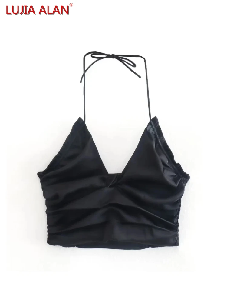 

Women Black Satin Halter Sling Corset Crop Tops Summer Hot Sale Female Pleated Slim Camisole Casual Clothes LUJIA ALAN T1652