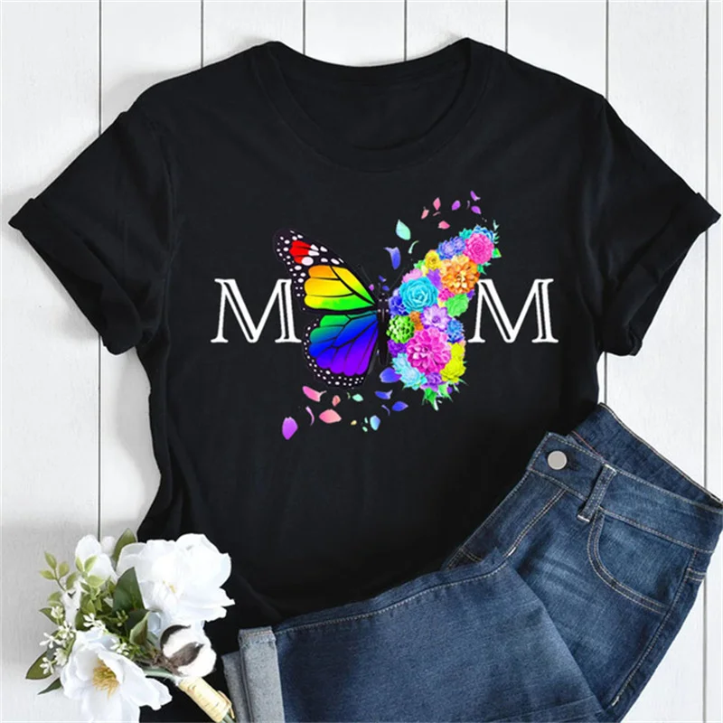 

Watercolor Butterfly Letter MOM Print Women T Shirt Kawaii Shirt Summer Women Tops Short Sleeve Plus Size Tee Shirt Tops