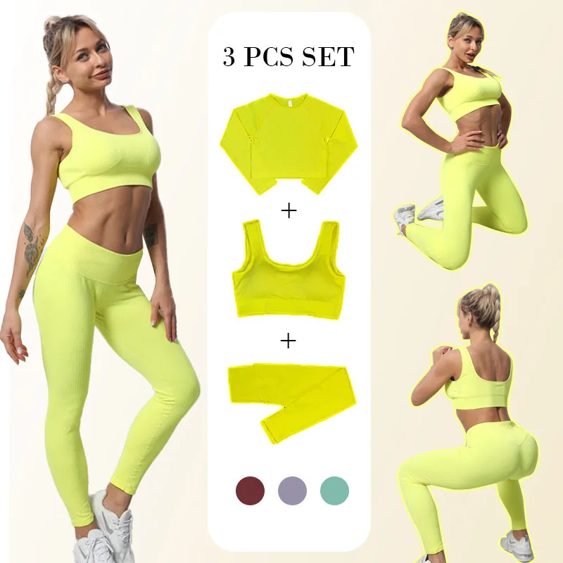 

3Pcs Women Yoga Set Workout Gym Wear Sportswear Leggings Seamless Fitness Bra Cropped Top Long Sleeve