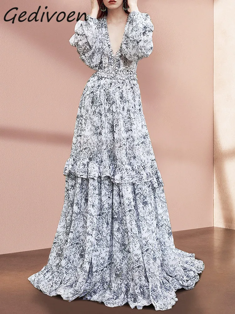 Gedivoen Fashion Designer Summer Vintage  Pleated Dress Women Deep V- neck High Waist Cascading Ruffles Flowers Color Long Dress
